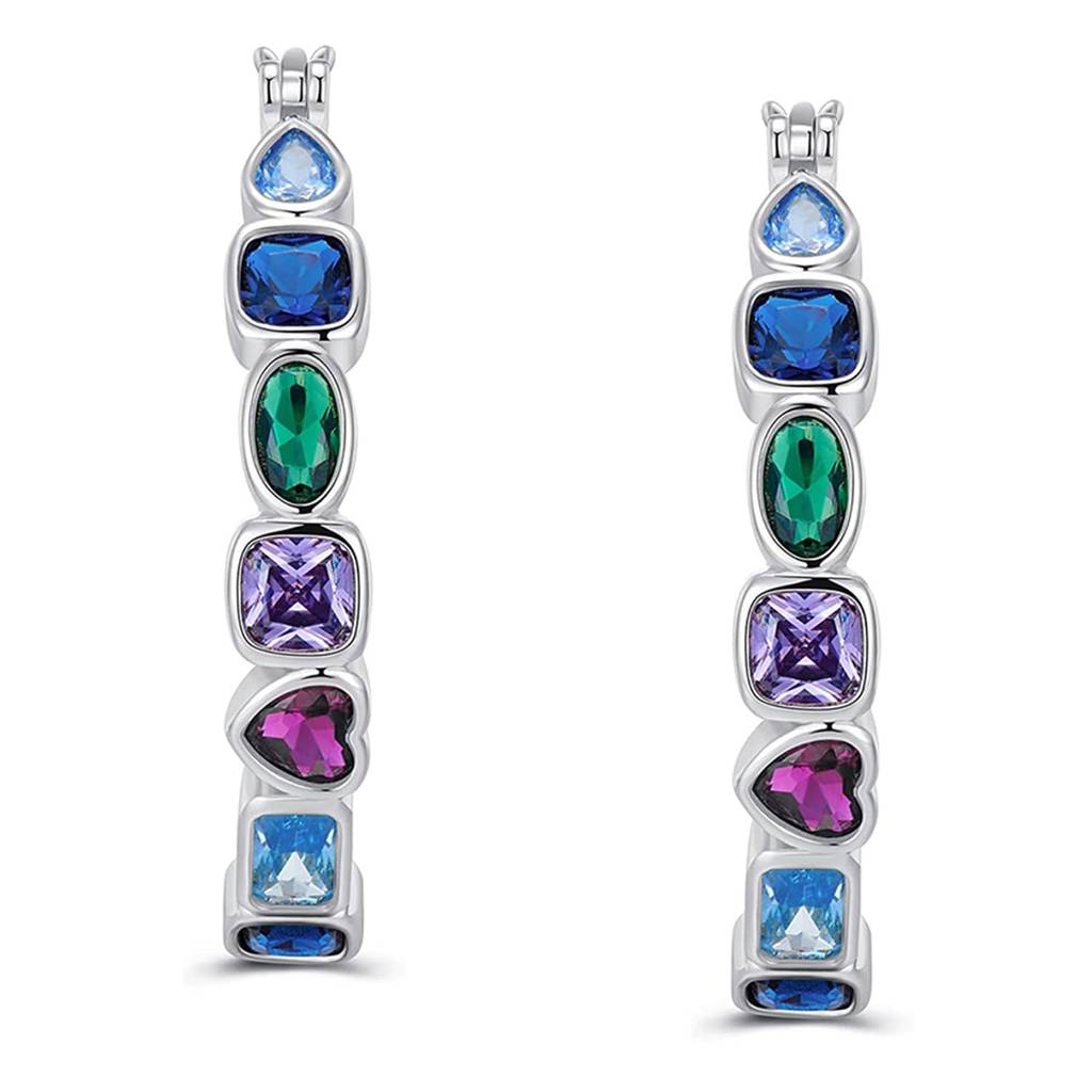 Silver Plated Multicolor Crystals Studded Fancy Hoop Earrings Jewellery For Women & Girls : PX9E3079SML
