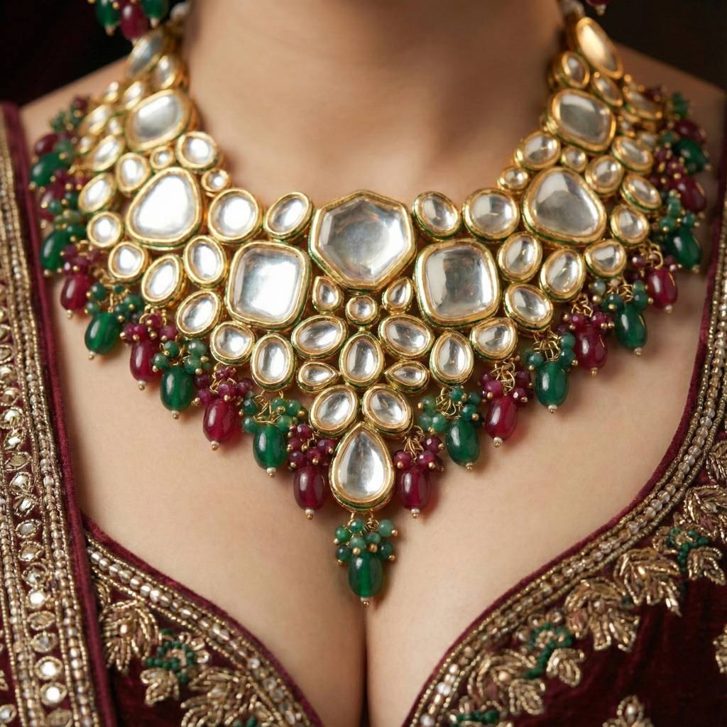 18 Kt Gold Plated Bridal & Semi-Bridal Necklace Set With Earrings & Maang Tikka : 3947-J5SK-1574-MG