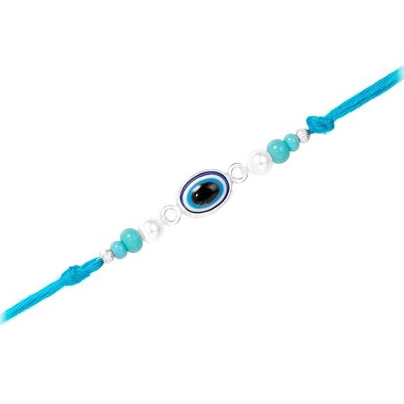 925 Sterling Silver Evil Eye & Pearl Studded Rakhi For Brother Bhaiya | Blue Thread | Raksha Bandhan Hamper With Roli : R18S21