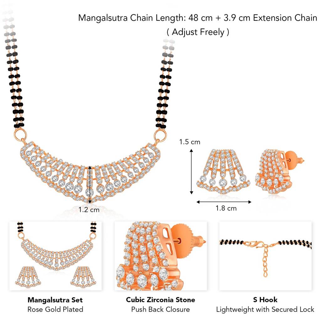 Rose Gold Plated Cubic Zirconia Studded Pendant Mangalsutra Stud Earring Set Jewellery Anniversary Gift For Women : PF43MS04C