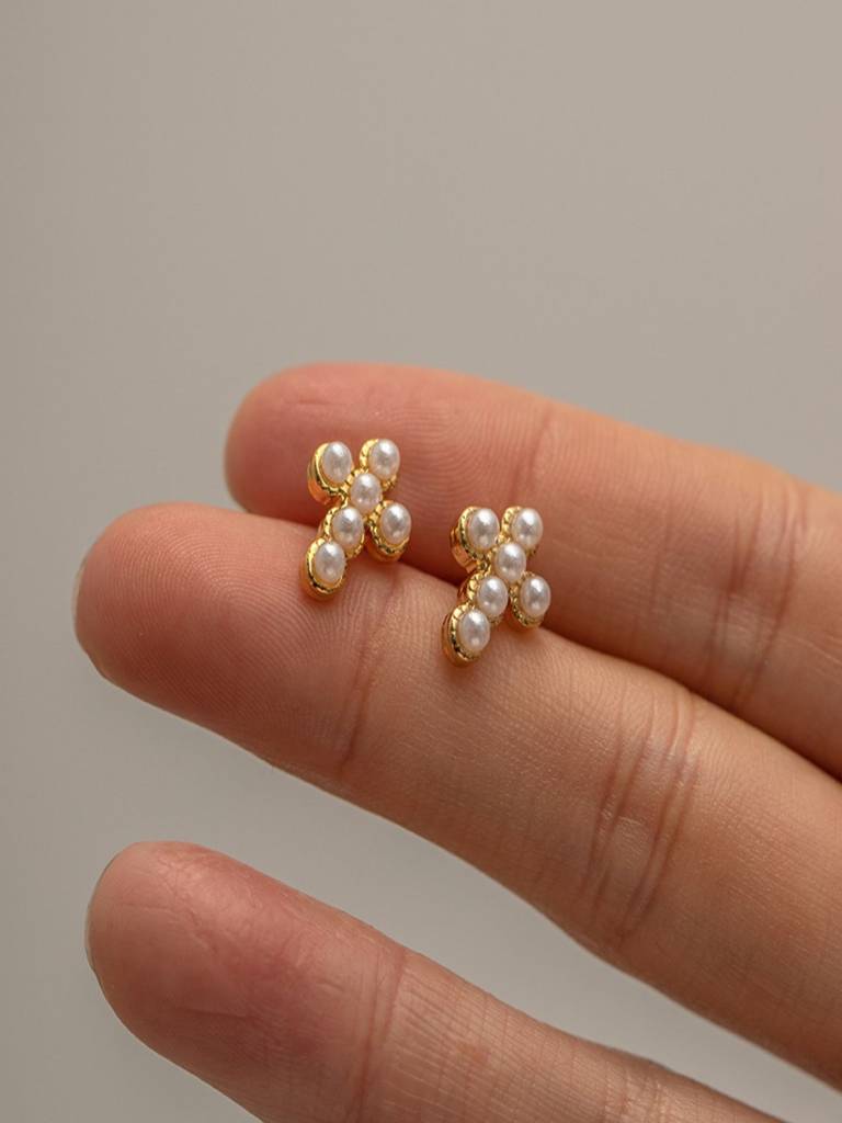 Cross Pearl Stud Earrings Anti-Tarnish Waterproof 18K Gold Plated For Women : AWX0925E2176