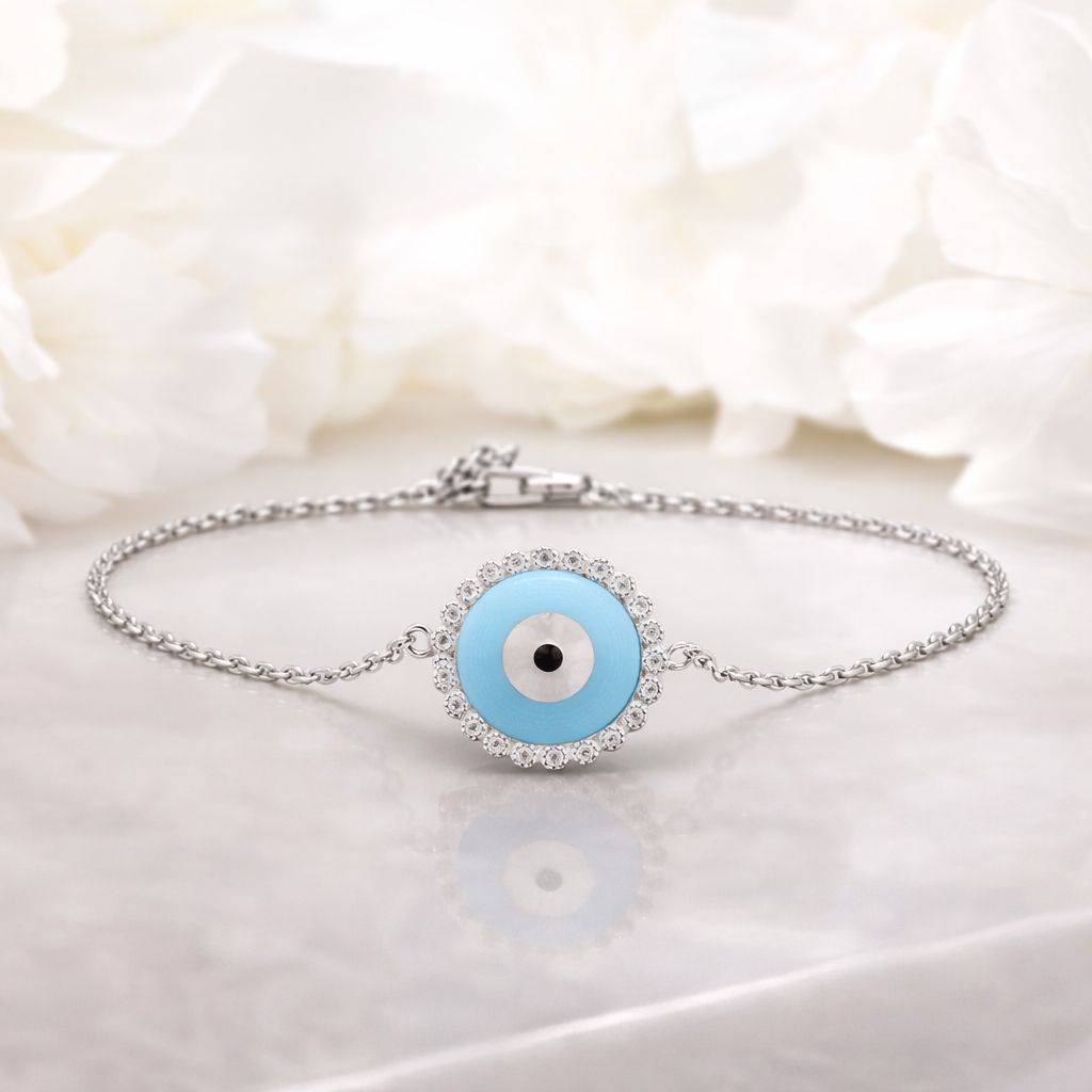 Twenty One Jewels Pure 925 Silver Evil Eye Rakhi Cum Bracelet For Brother ( Free Size With Extension Links ) : TB4184_E