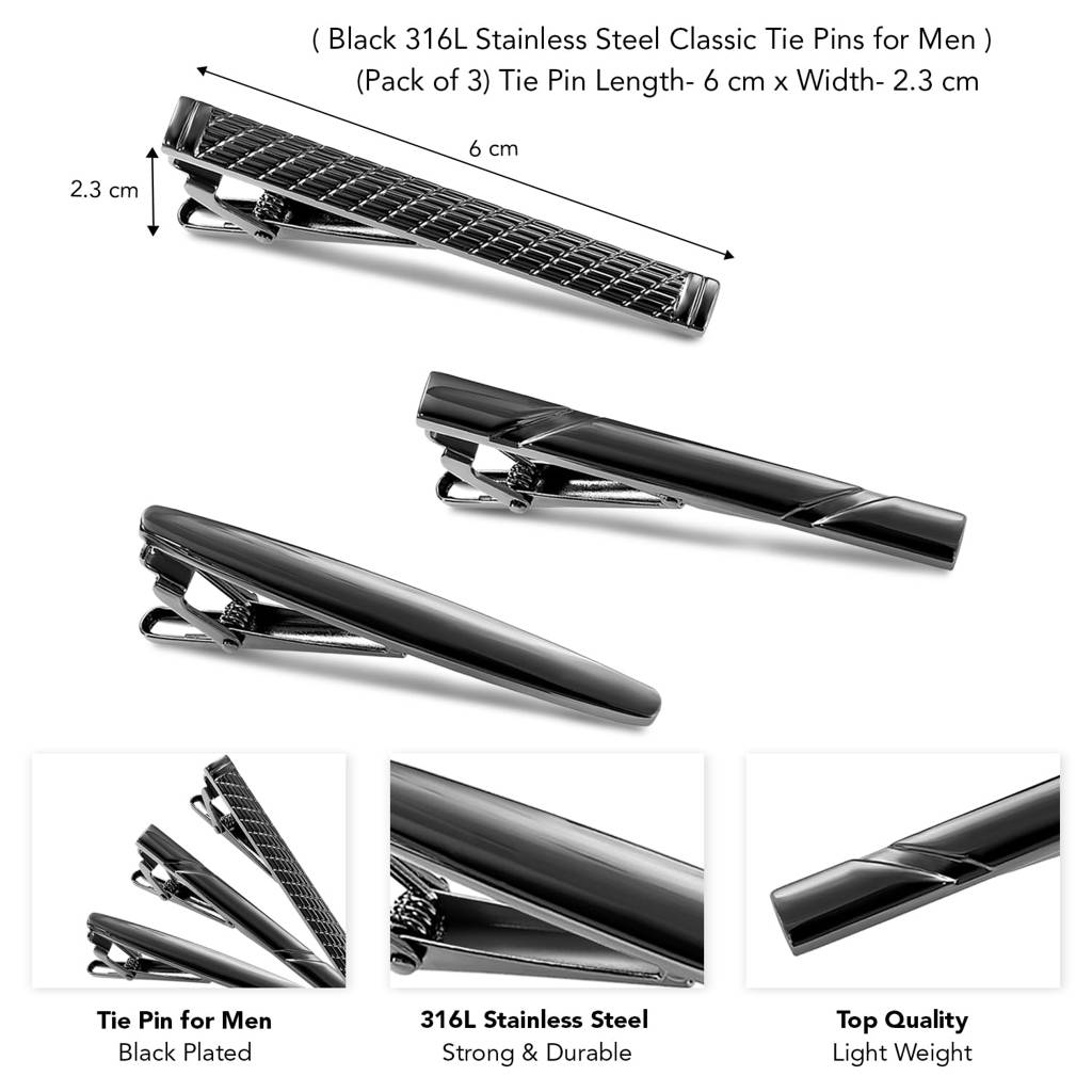 Black Stainless Steel Classic Tie Pins For Men Formal Business Accessories Gift (Pack Of 3) : PX9T30