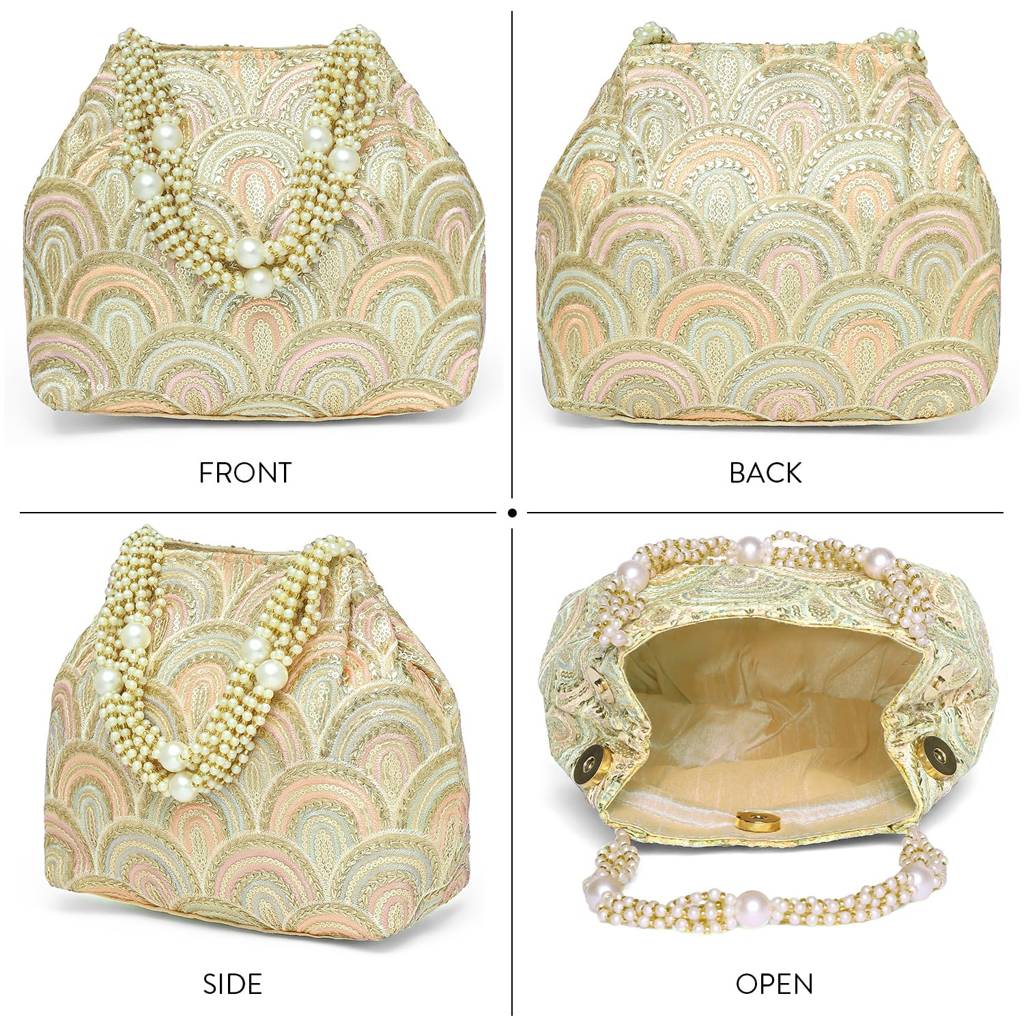 Sequins Motifs Potli Bag For Women Handmade Wristlet Handbag Stylish Bridal Purse Fashion Bag For Girls : P206CRM-L