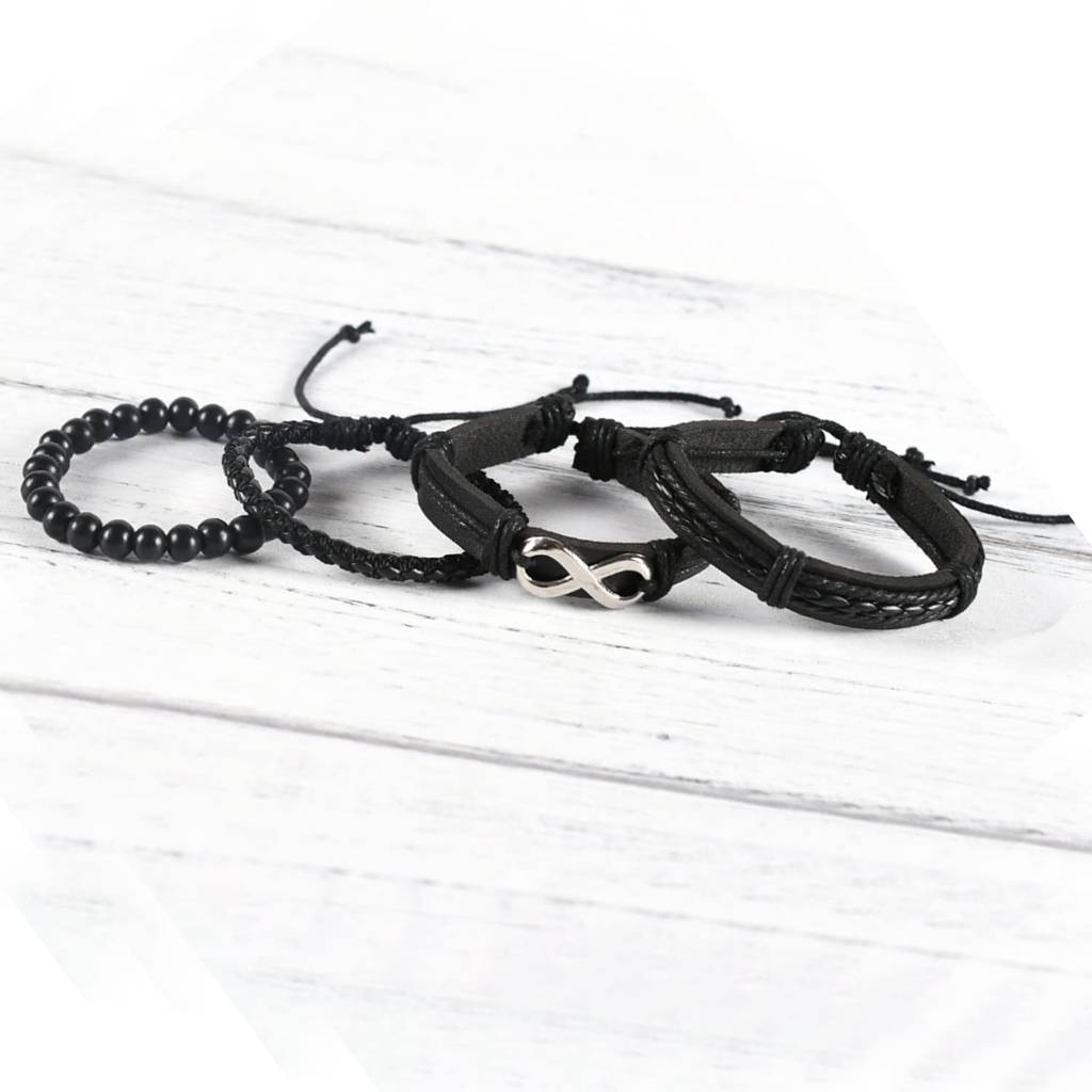 Black Synthetic Leather Pack Of 4 Bracelet Stylish Design Fashion Casual Jewellery Gift For Boys & Men : PX9LB36