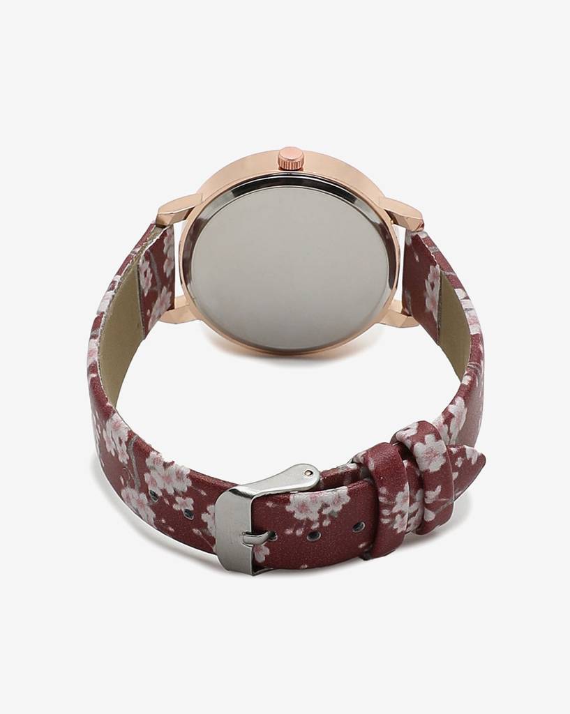 Maroon & Champagne Gold Decorative Analog Round Dial With Brown Floral Printed Leather Strap : HSWC1035