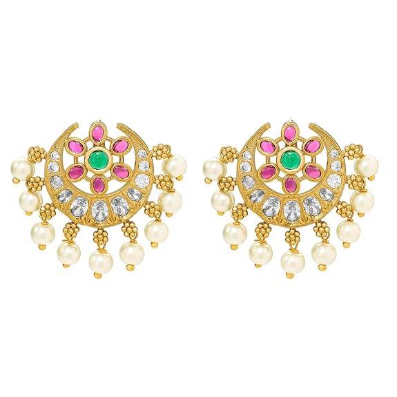 Ethnic Stud Earrings For Women & Girls Gold Plated Faux Emerald Ruby & Crystals Studded Festive Bridal Jewellery B : PF76E04RG