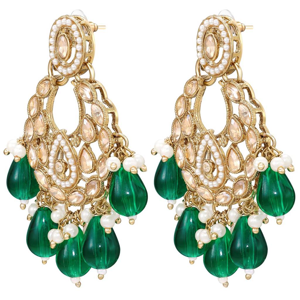 Ethnic Gold Plated Green Crystals Studded Dangler Earrings For Women : PF09E1605G