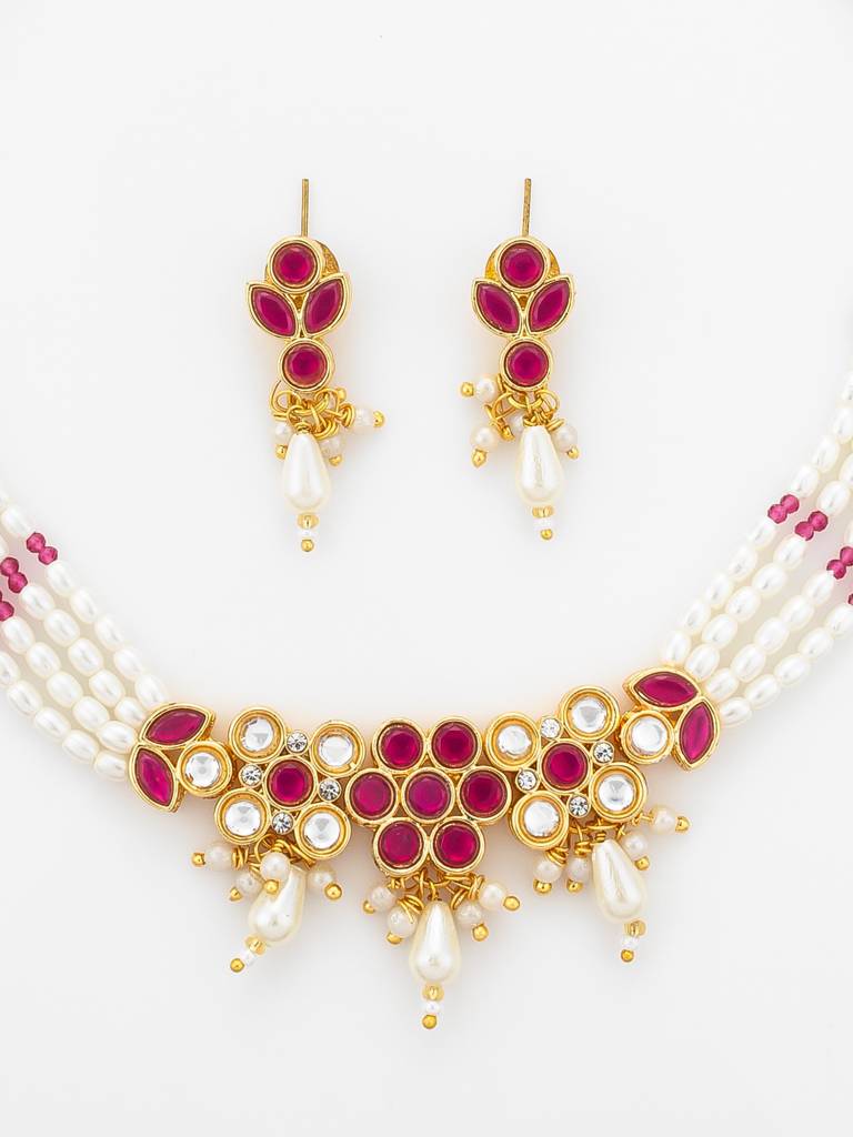 Gold Plated Multi-Strand Pearl Necklace With Red Stone Detail : NK4879