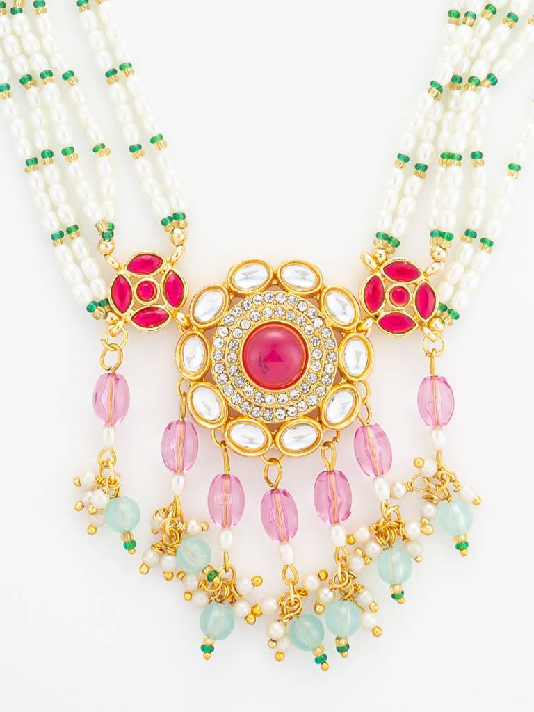 Gold Plated Multi-Strand Pearl And Pink Stone Rani Haar Set : NK4869