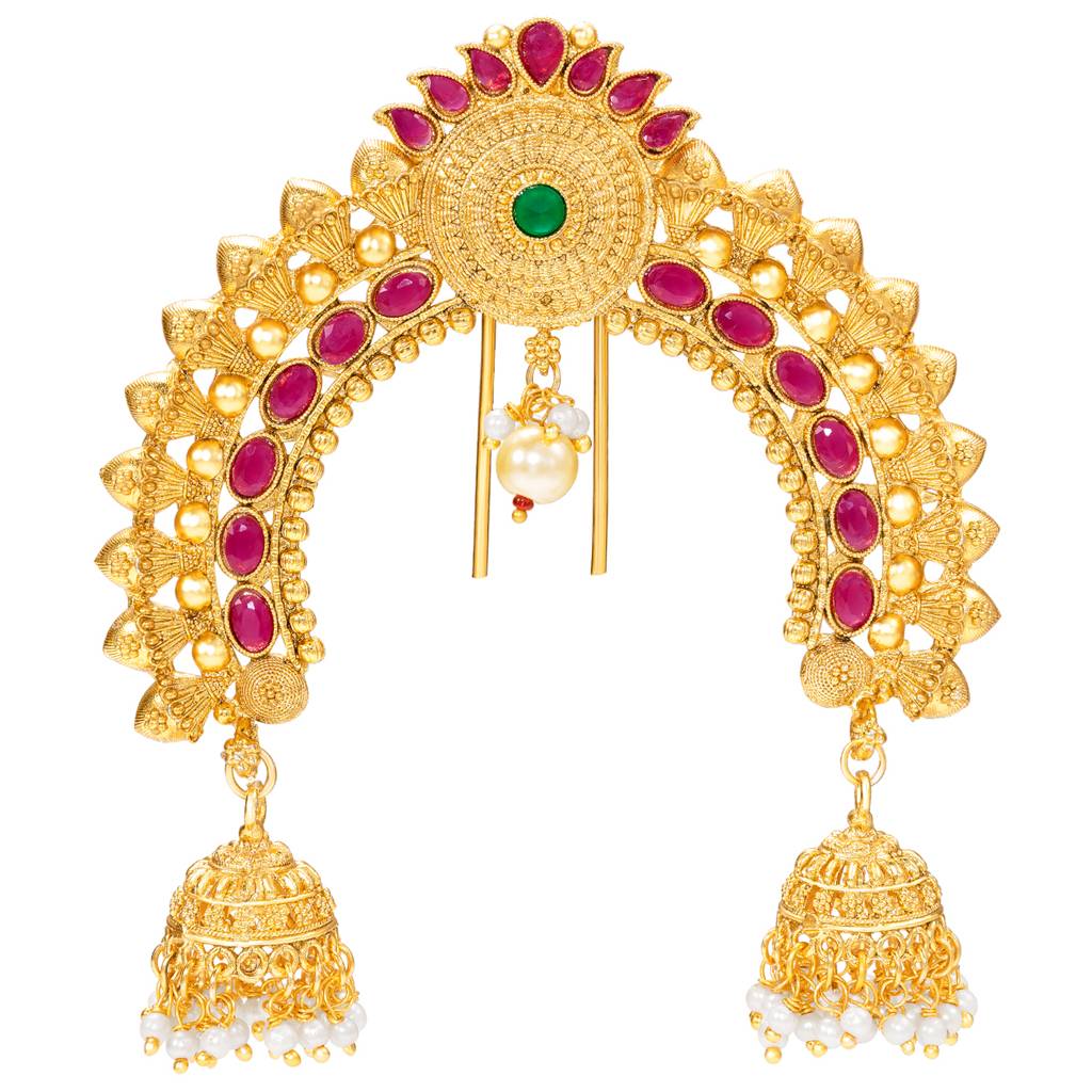 Ethnic Hair Juda Pin Brooch For Women & Girls Gold Plated Faux Ruby Emerald & Beads Studded Festive Bridal Jewel : PF04HJ09RPG