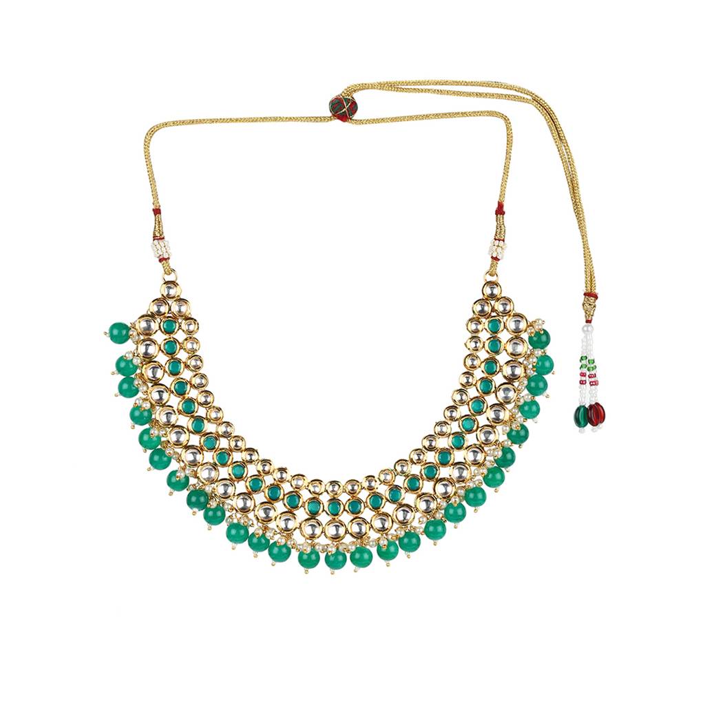Kundan Gold Plated Green Beads Necklace Set : 8905124438017