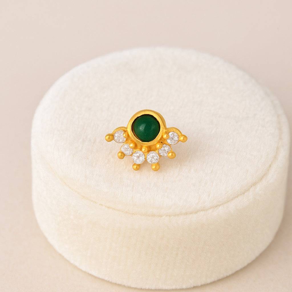 Floral Nose Pin - Sterling Silver Gold Plated : NP-00169_SW277_925S_YG_GREEN