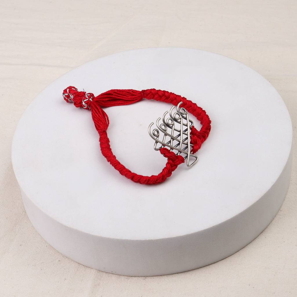 Silver Saraswati Bracelet For Men / Women W : Silver_Saraswati_Bracelet_for_Men_Women_with_Red_Thread_Motif_size_Medium_July25