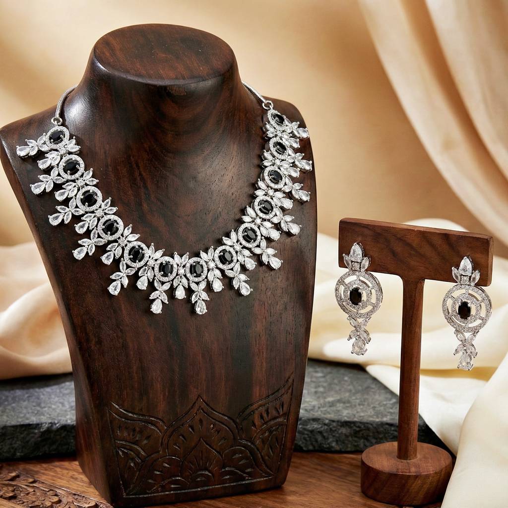 Silver-Tone American Diamond Necklace Set With Earrings For Women – Office, Party & Wedding Wear : 1717-K4SA-2242-BL-S