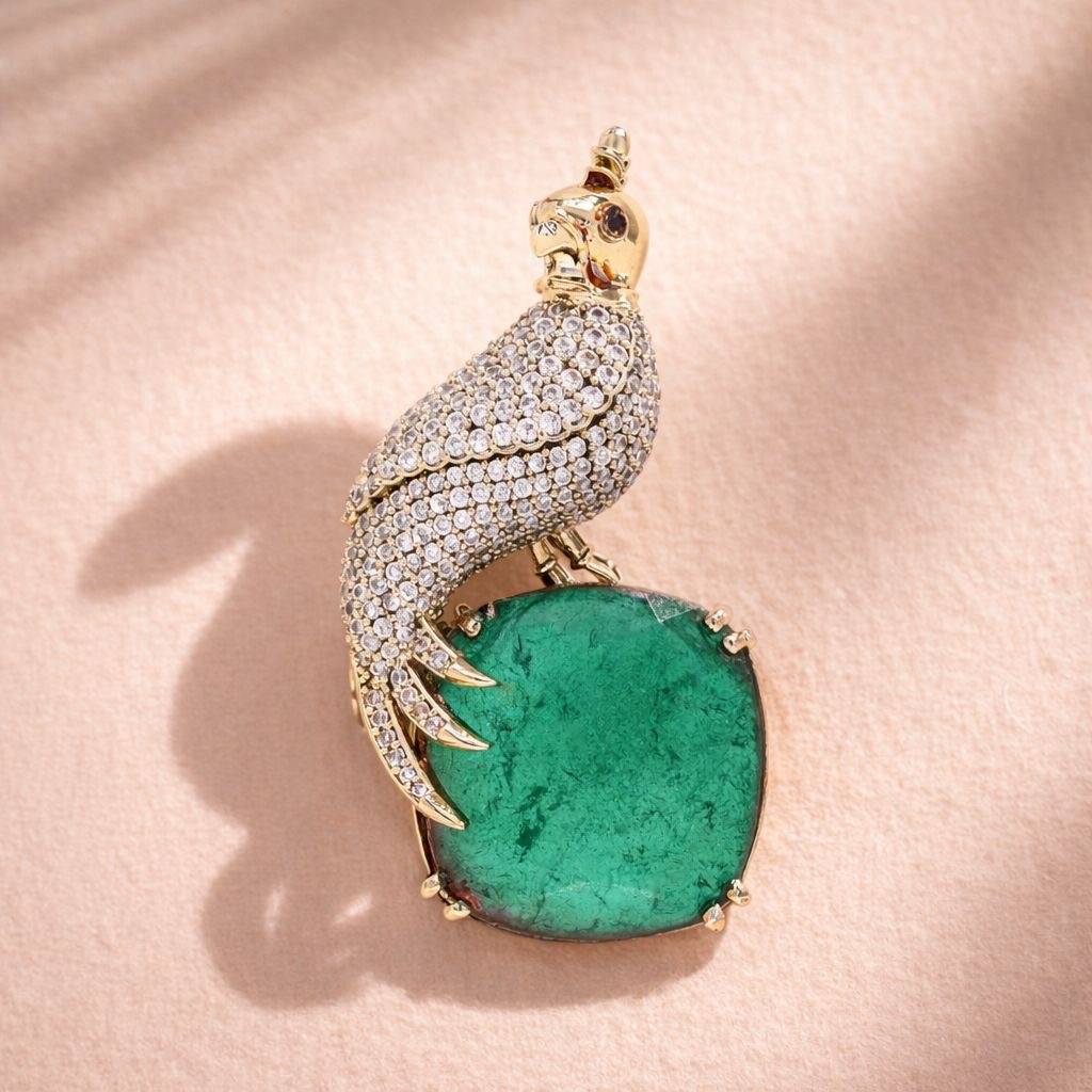 Antique Gold Finish Diamond Royal Bird Unisex Brooch : 900012
