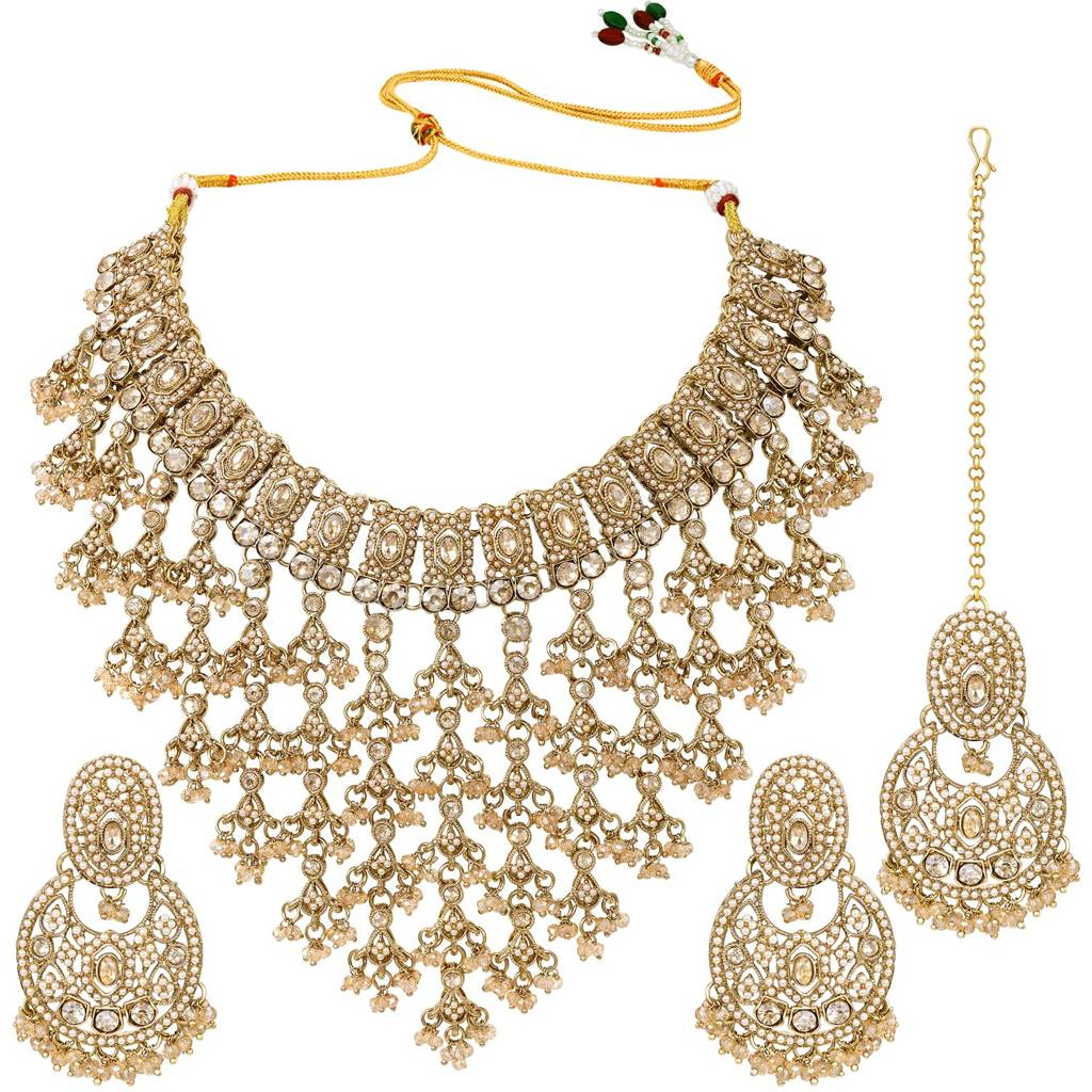 Champagne Crystals Studded Necklace Earrings Maangtikka Set For Women : PF09N559LCT