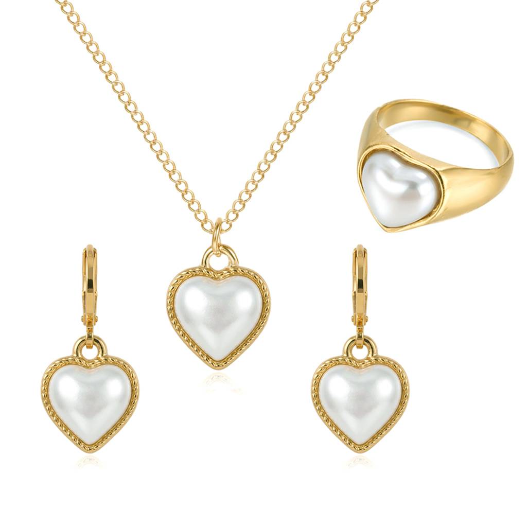 Pearl Studded Heart Shape Pendant Chain Earrings Ring Set Fashion Jewellery For Women & Girls : PX9PS60GW