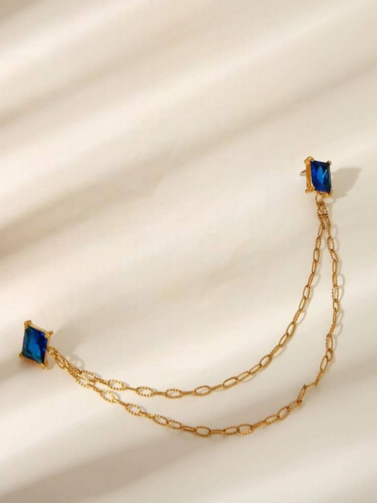 Blue Zircon & Chain Brooch Collar Pin 18K Gold Plated Anti-Tarnish Waterproof : AHC0526BR23BL