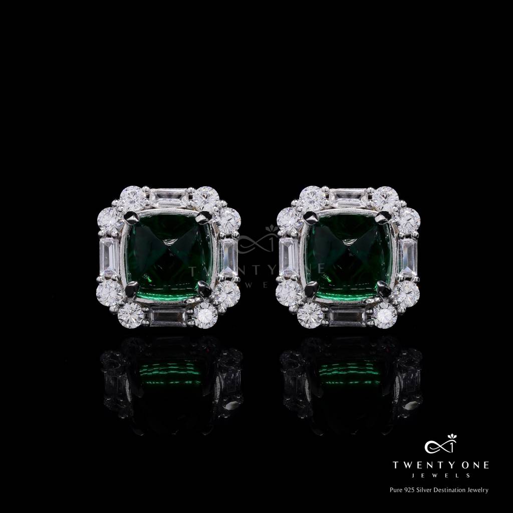 Ultra Premium Emerald Cabochon And Diamond Statement Party Stud Earrings With Premium Screw Backs On Pure 925 Silver : TE2217_2