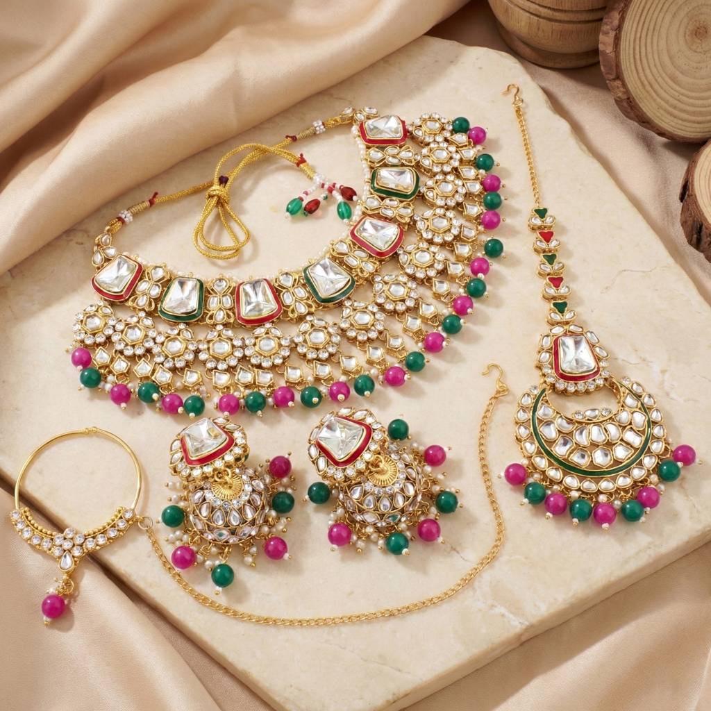 18 Kt Gold Plated Bridal & Semi-Bridal Necklace Set With Earrings, Maang Tikka & Nath : 2476-M8SK-1101-RG