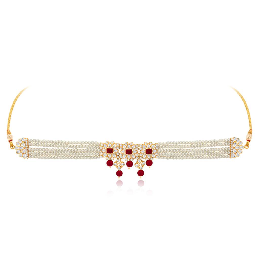 Gold Plated Pearl Beaded Adjustable Choker Necklace With Earring Maang Tikka Jewellery Set For Women : PF37N224WM