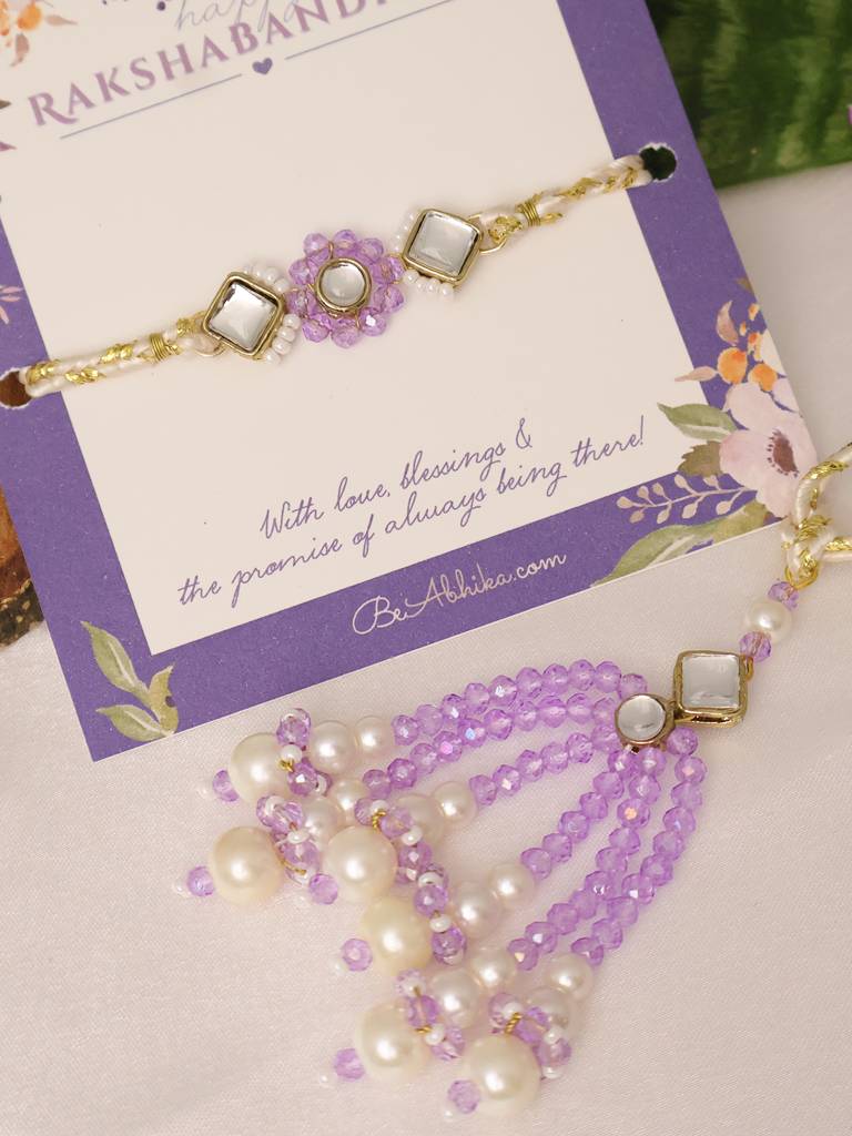 Lavender Pearl Bhai Bhabhi Rakhi Lumba Set With Roli Chawal Capsules : ACJR202-ACRL202