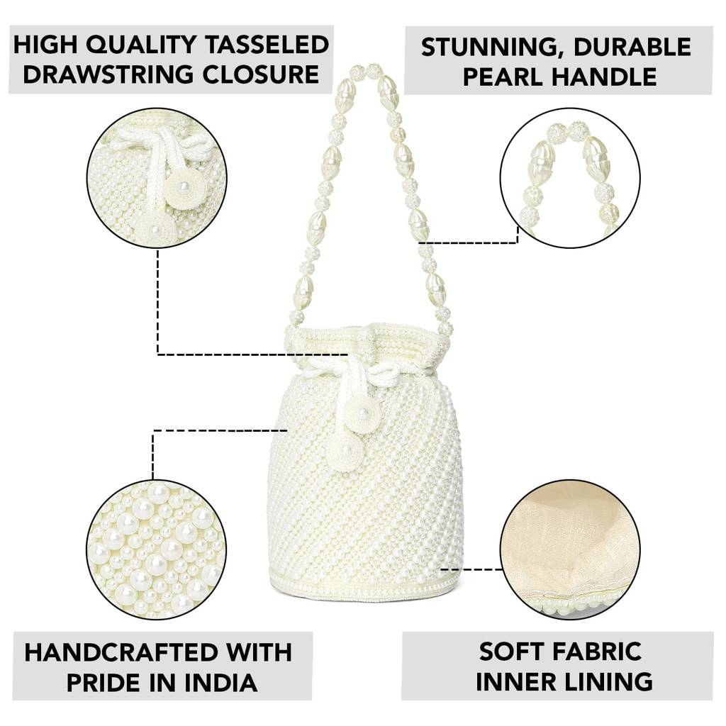 White Potli Bag For Women Handmade Evening Wristlet Handbags Stylish Bridal Purse Fashion Bag Gift For Girls (P116W) : P116W