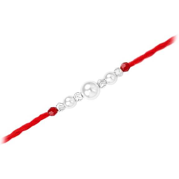 Mens 925 Sterling Silver Pearls Studded Thread Rakhi For Brother Bhaiya|Raksha Bandhan Hamper With Roli Chawal Greeti : R18S12