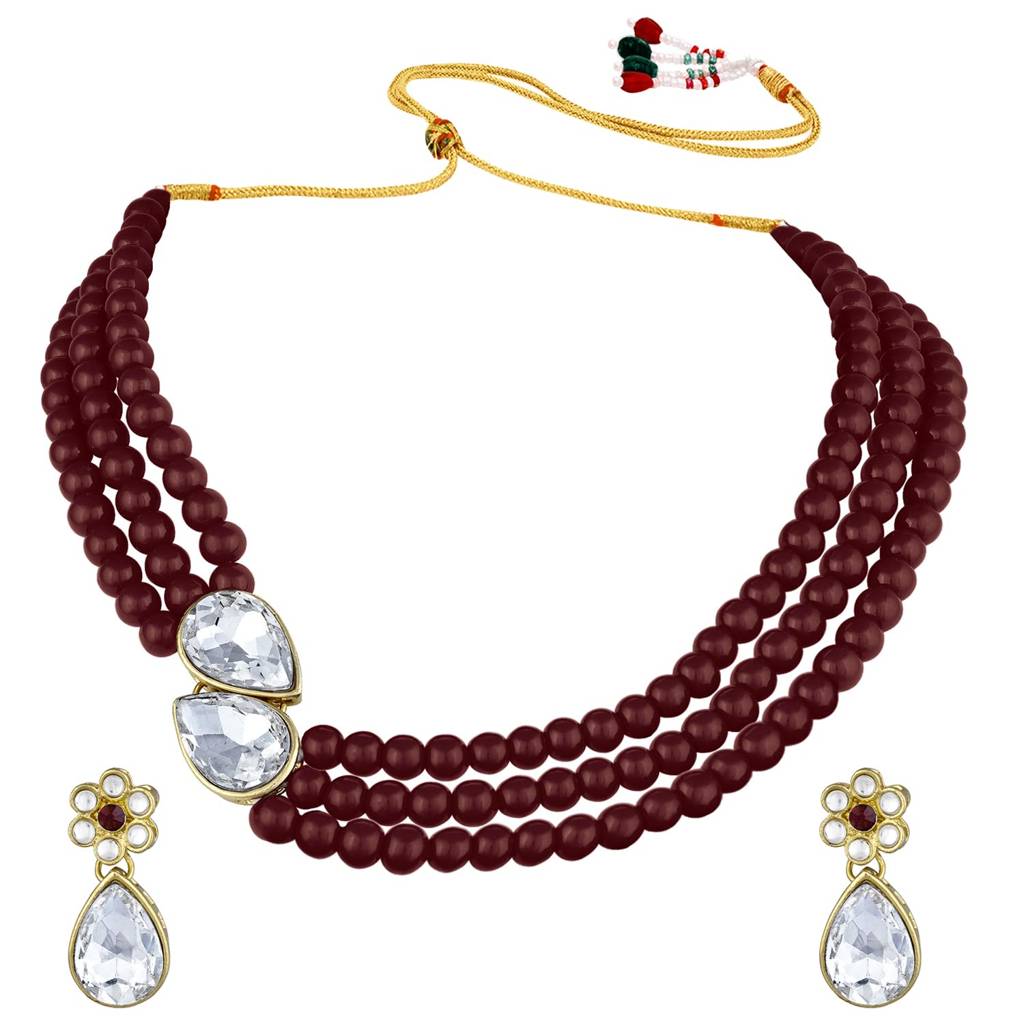 Pearl Mala Necklace With Earrings For Women Girls Traditional Stylish Ethnic Jewellery Set (Maroon-White) : PF26N1145MW