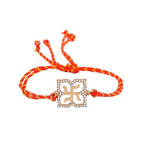 Gold Plated Holy Swastika Rakhi With Austrian Crystals And Divine Red Silk Thread : 169-IG-RAKHI