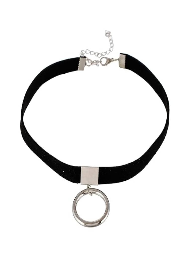 Silver Plated Black Faux Leather With Round Pendant Choker Necklace : ASK0322N450S