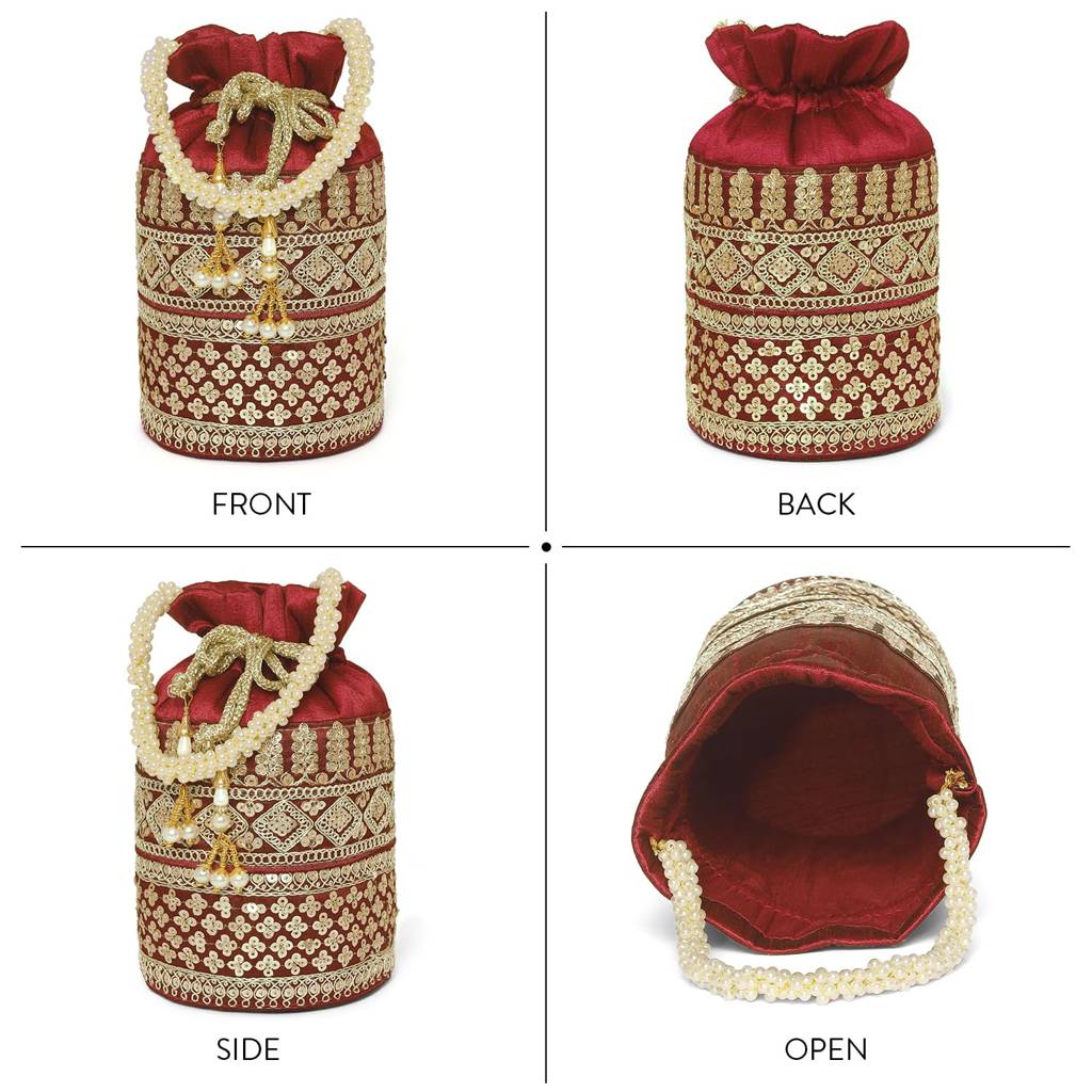 Zari Leaf Embellished Potli Bag For Women Fancy Ethnic Wristlet Purse Bag For Girls : P198M-F