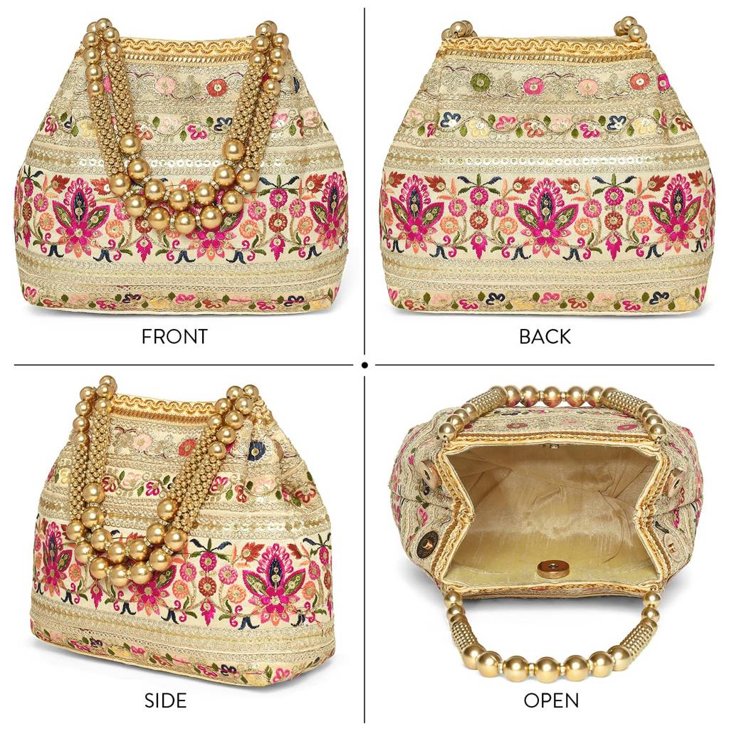 Cream Embroidery Polti Bag With Multicolor Floral Motive Handbag For Women & Girl : P208CRM-L