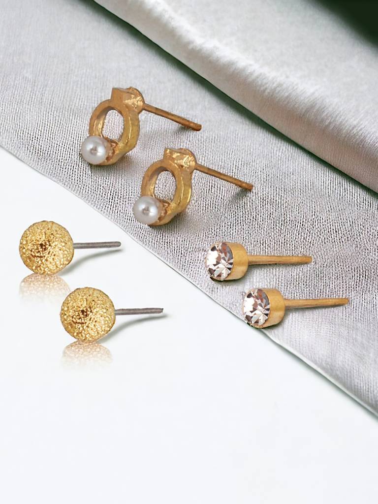 6 Pairs Combo Earrings- Gold Plated Stone Studs, Geometric Hoops And C Shaped Drops : 240-CHEX-1185-6