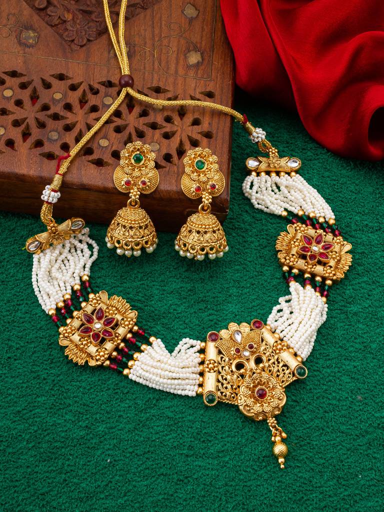 Wedding Wear Antique Gold Temple Choker Necklace Set With Pearl Bead Strands, Stones And Jhumka Earrings : NK4096
