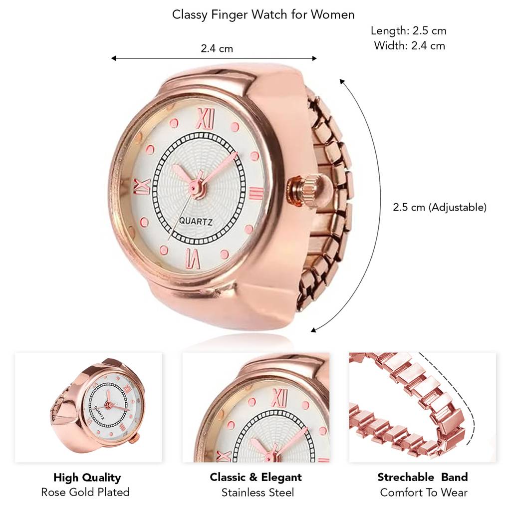 Peora Stainless Steel Rose Gold Analog Watch Style Strechable Finger Ring Fancy Jewellery For Women (Free Size) : PX9RW03C