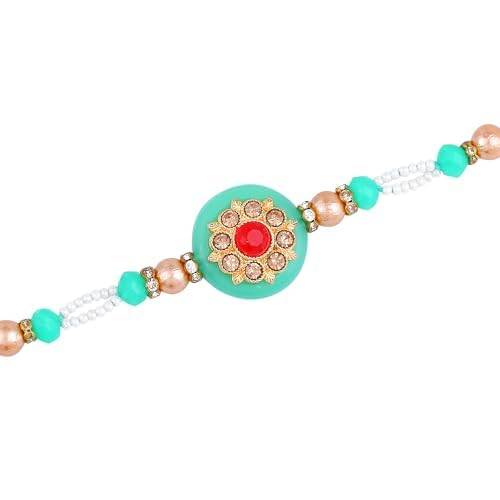 Gold Plated Trendy Circle Rakhi With Roli Chawal & Greeting Card For Brother : SR-7943-RAKHI
