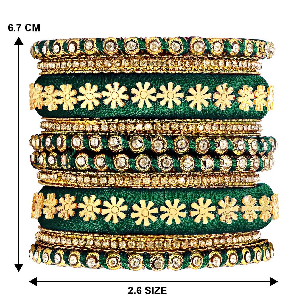 Peora Stone Studded 2.6 Inch Dark Green Silk Thread Bangles Set Ethnic Fashion Jewellery Navratri Gift For Women : PF51B78DG