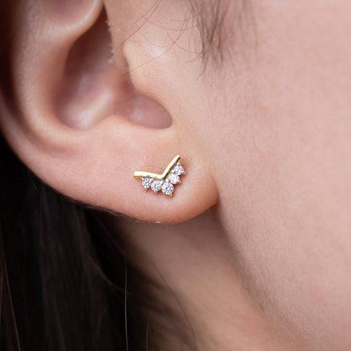 18K Gold Vermeil Dainty Cluster Chevron Stud Earrings With Cz Diamond : KES0016-Gold