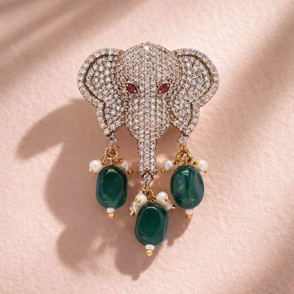 Antique Gold Finish Lord Ganesha Unisex Brooch For Men And Women With Emerald Drops : 900004