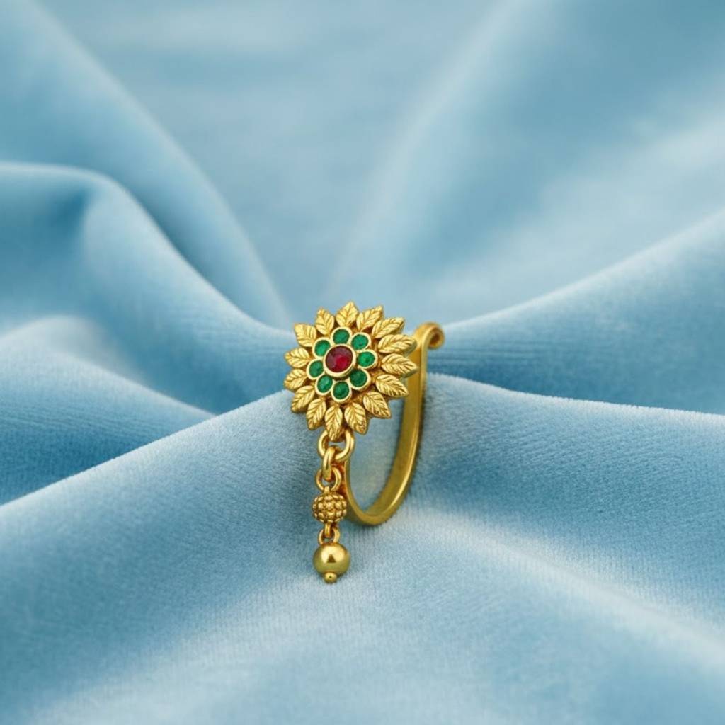 Red & Green Stone Floral Clip-On Nose Pin 925 Sterling Silver Yellow Plated : CNP-0009