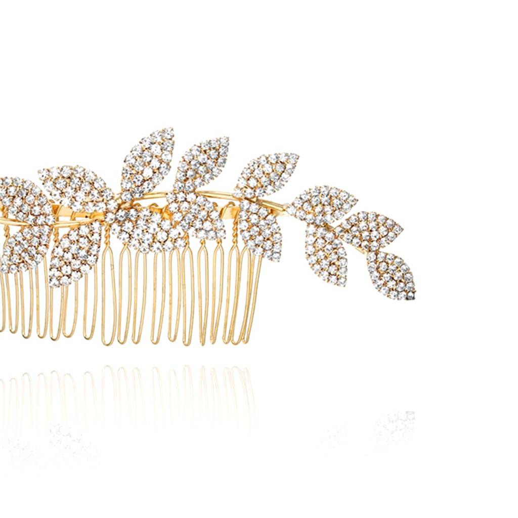 Gold Plate Leaf Petal Cubic Zirconia Studded Hair Comb Slides Stylish Hair Accessories Jewellery For Women & Girl : PX9HJ09