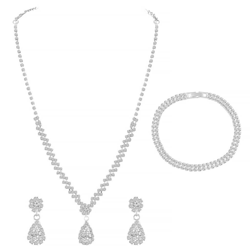 Stylish Necklace Earrings Bracelet Set For Women & Girls Silver Plated Cz & Crystals Studded Festive Fancy Design J : PX9N198W