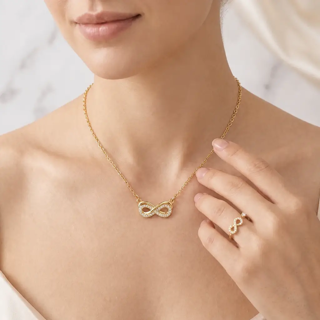 Infinity Mother'S Love Golden Crystal Necklace And Ring Set For Mother. : NRC-253-G-2