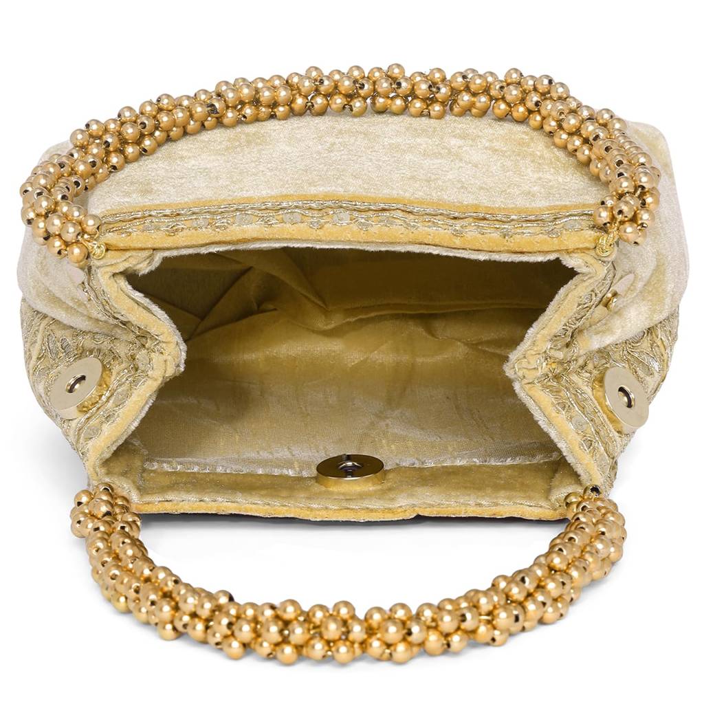 Golden Ethnic Embellished Potli Bag For Women Fancy Evening Wristlet Bridal Purse Bag For Girls : P95G-F-3