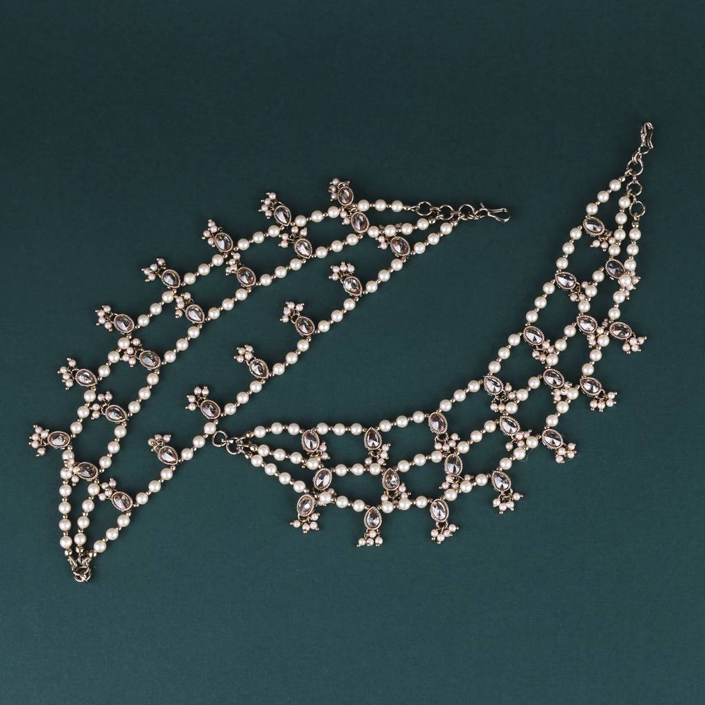 Creative Oval And Circle Shape 3 String White Kundan Stone Pearl Antique Gold Plated Set Of 2 Ear-Chain  : 6KC02-Half-White_MD