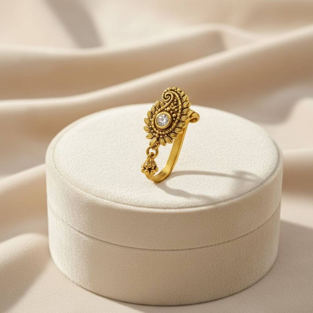 Traditional Leaf Motif Clip-On Nose Pin 925 Sterling Silver Yellow Plated : CNP-0031