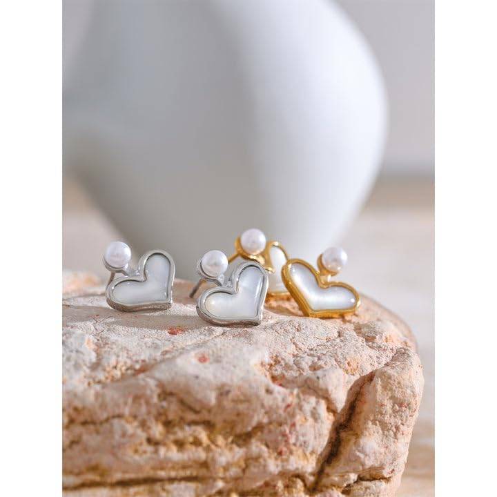 Pearla Heart Pearl Stud Earrings - Gold | 18K Gold Plated | Waterproof, Hypoallergenic & Anti-Tarnish : DSVDJY05250425