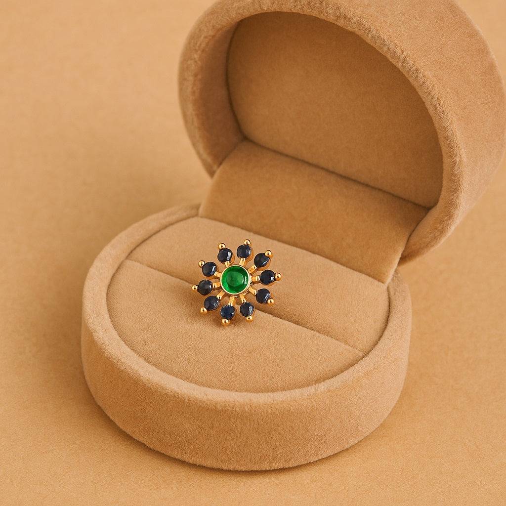 Green Cz & Blue Cz Sunburst Floral Nose Pin - Gold Plated Sterling Silver : NP-00030_925S_W_GZ